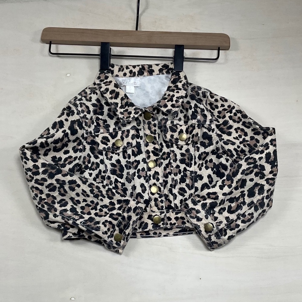 Nannette Girls Leopard Print Denim Jacket Size 6 Brown Tan Animal Trucker Coat